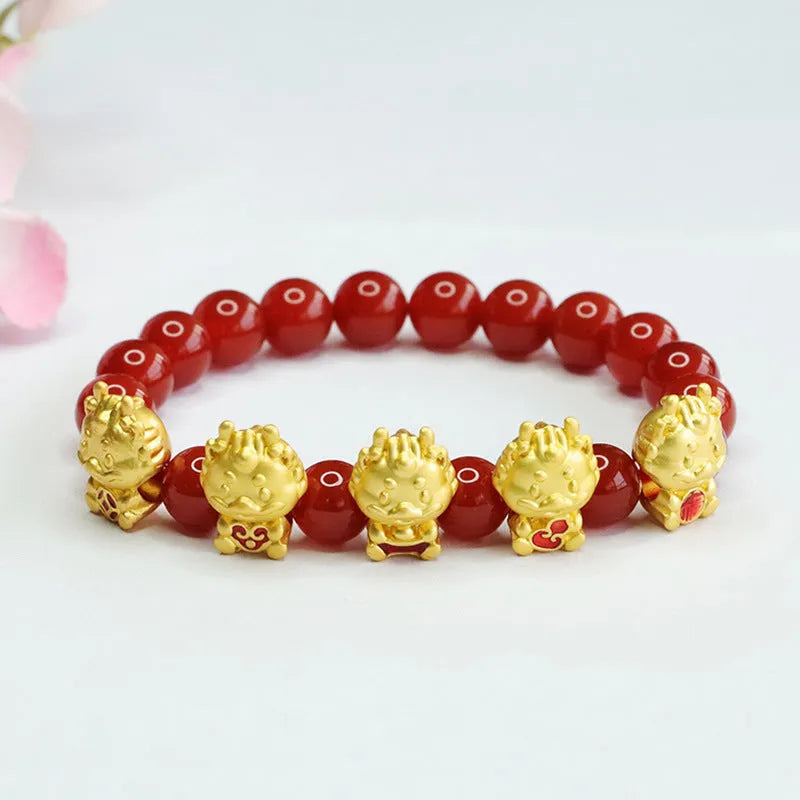 Natural red agate bracelet with carved five blessing dragon motif, 8mm bead size