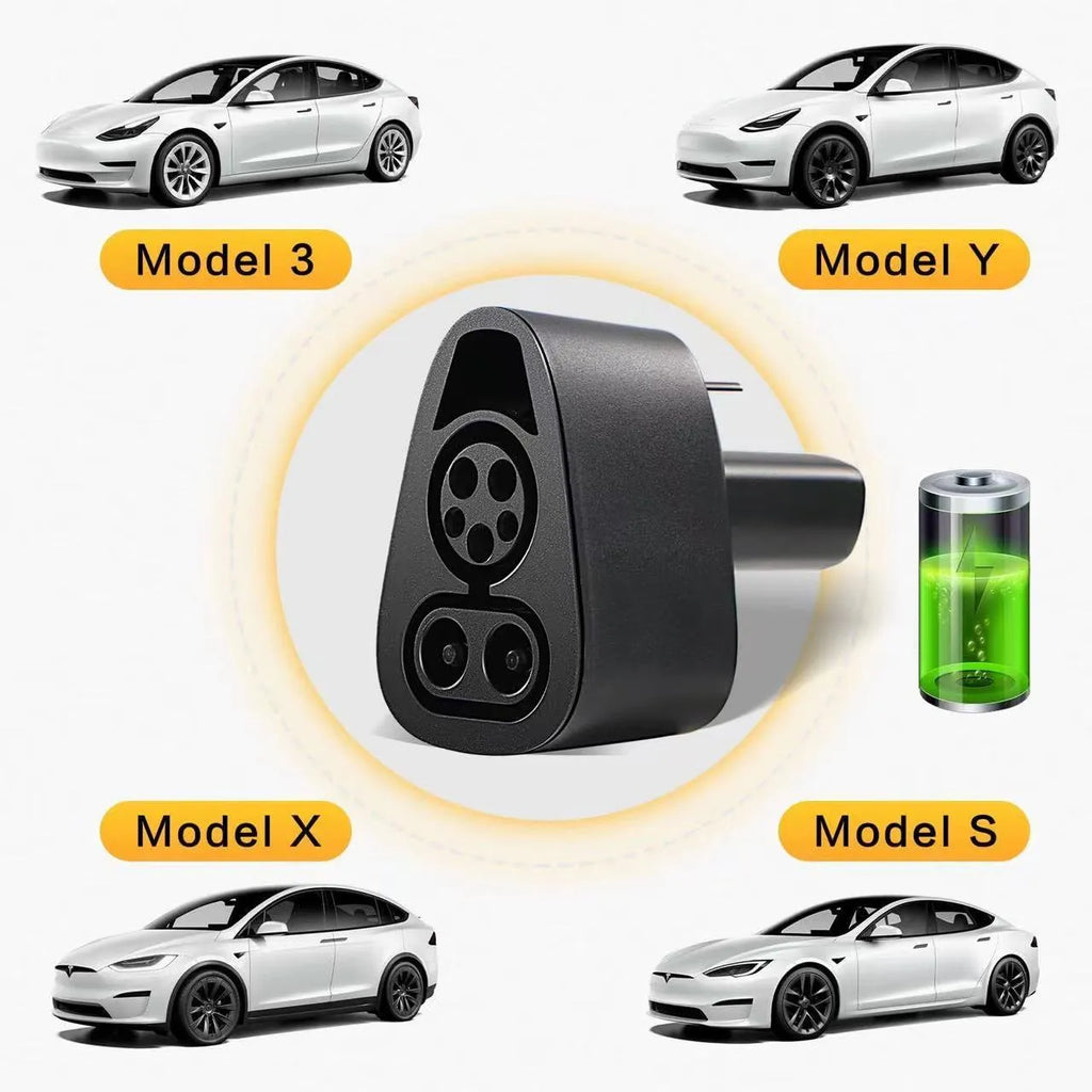 Black Tesla charging plug conversion adapter with dimensions 195mm by 96mm by 67mm