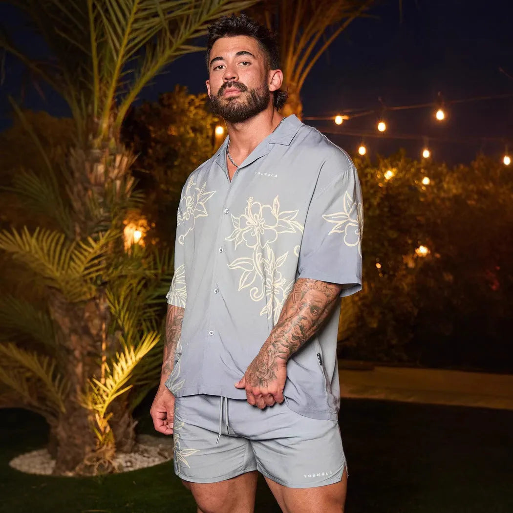 Men's casual loose short sleeve top with printed floral pattern in neutral colour