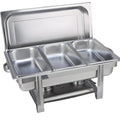 Thickened stainless steel square lidded buffet oven with three square compartments for hot food service.