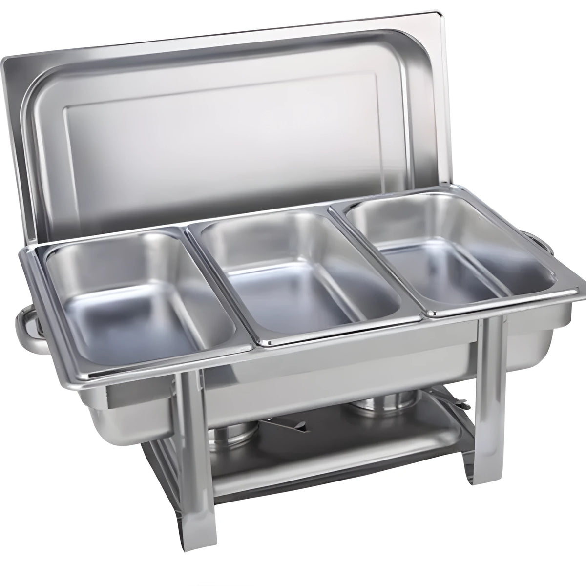 Thickened stainless steel square lidded buffet oven with three square compartments for hot food service.