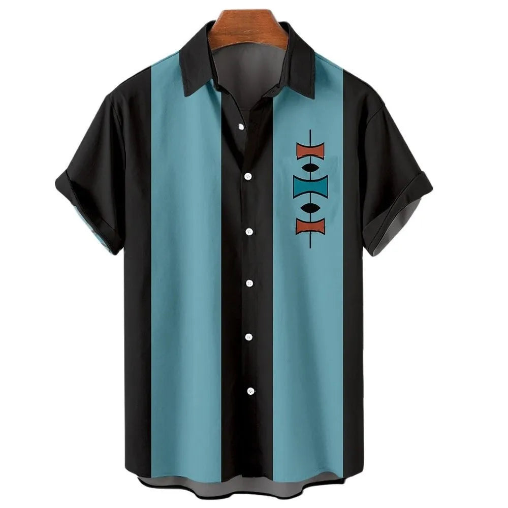 Man wearing a blue and white striped short sleeve Hawaiian button-up shirt.