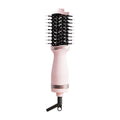 Pink multifunctional hair dryer with integrated comb and curling attachments on white background