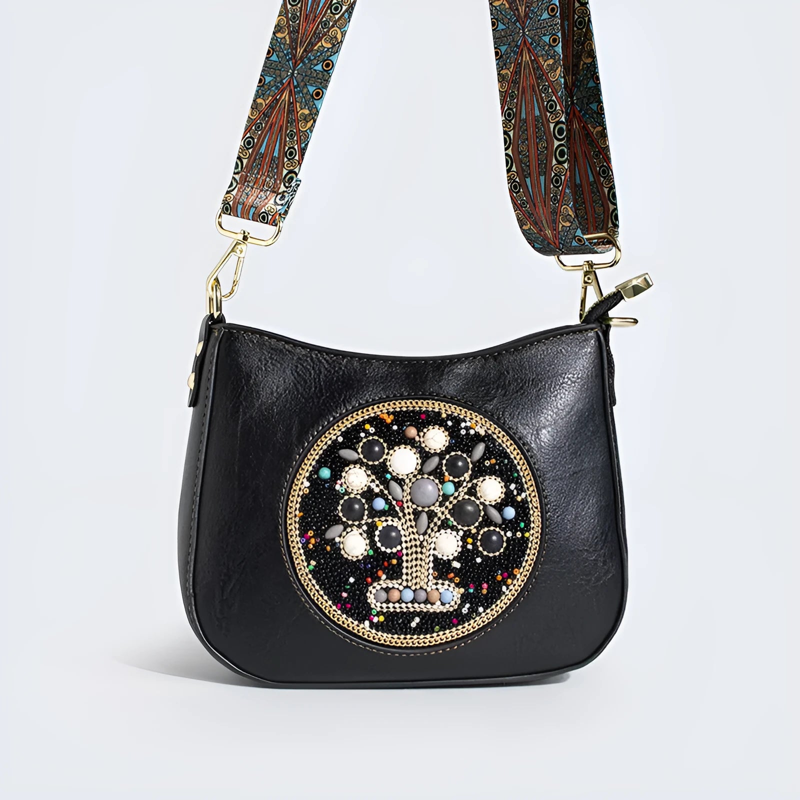 Straw bead turquoise ethnic style bucket shoulder crossbody bag with PU lining and mobile phone pocket