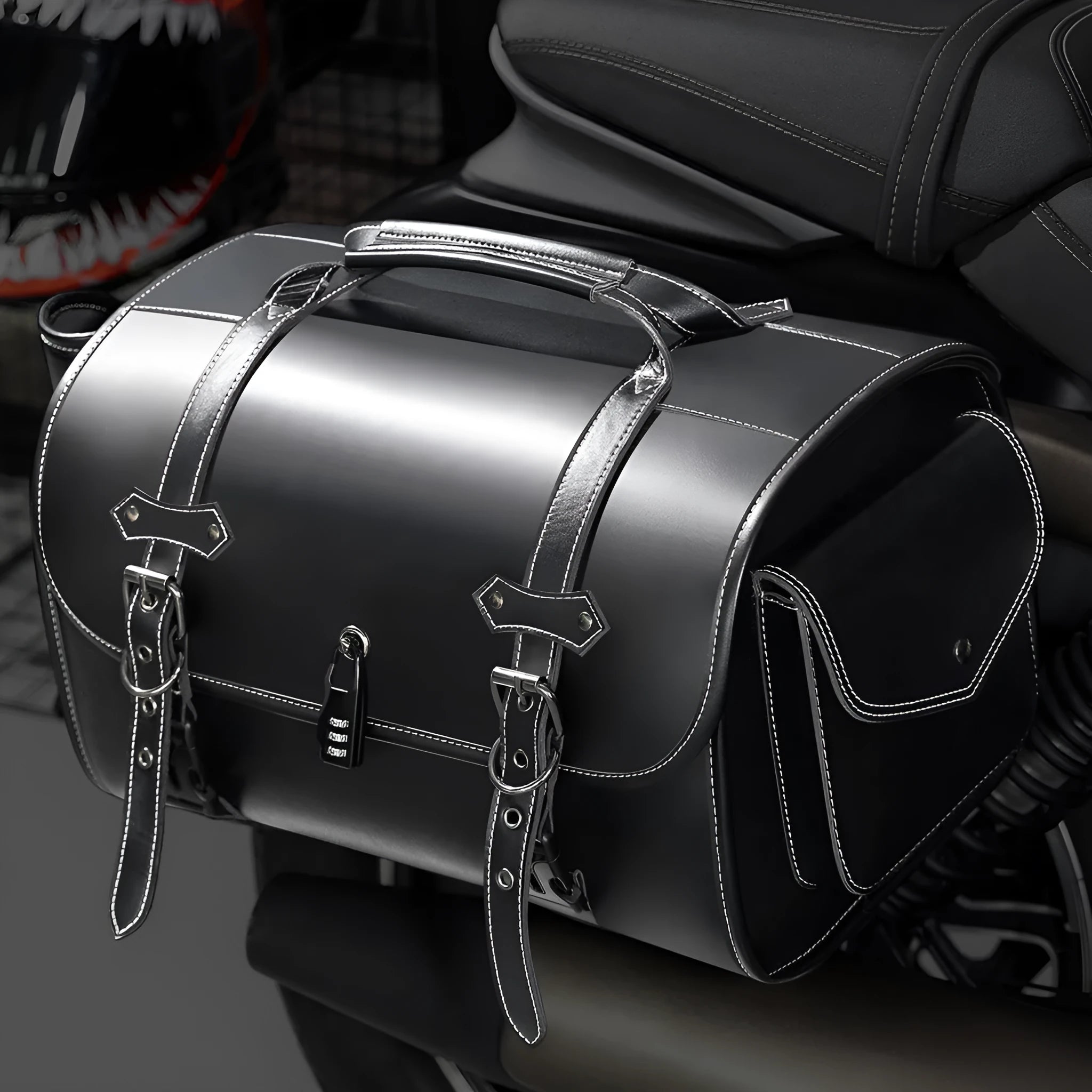 Dark punk style PU leather motorcycle side bag with lockable zippers.