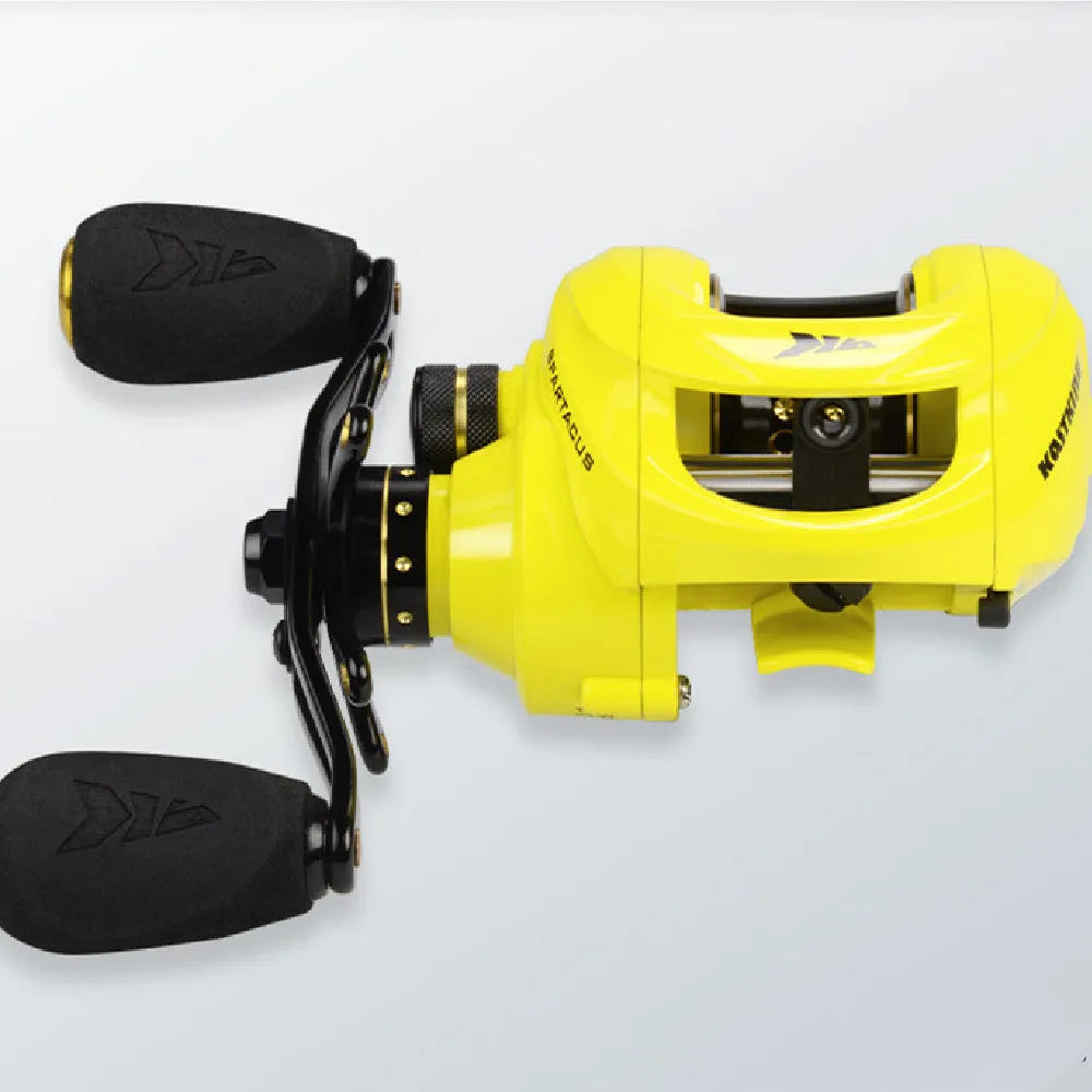 Yellow water drop baitcasting reel with left-hand retrieve showing dual brake dials and graphite body