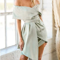 Strapless off-shoulder dress with high waist, patchwork midi skirt, and lace-up back in matcha green