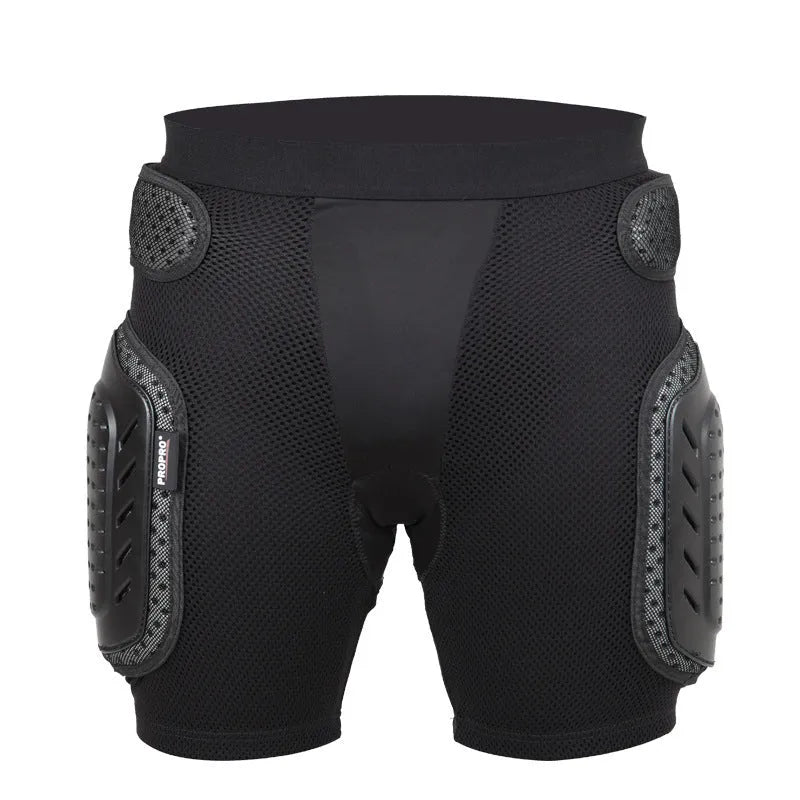 Black cycling hip protection pants showing adjustable sizing and hip padding for sports safety