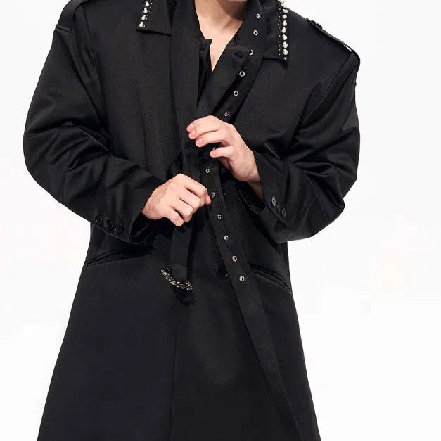 Black padded trench coat medium length cotton polyester blend front view