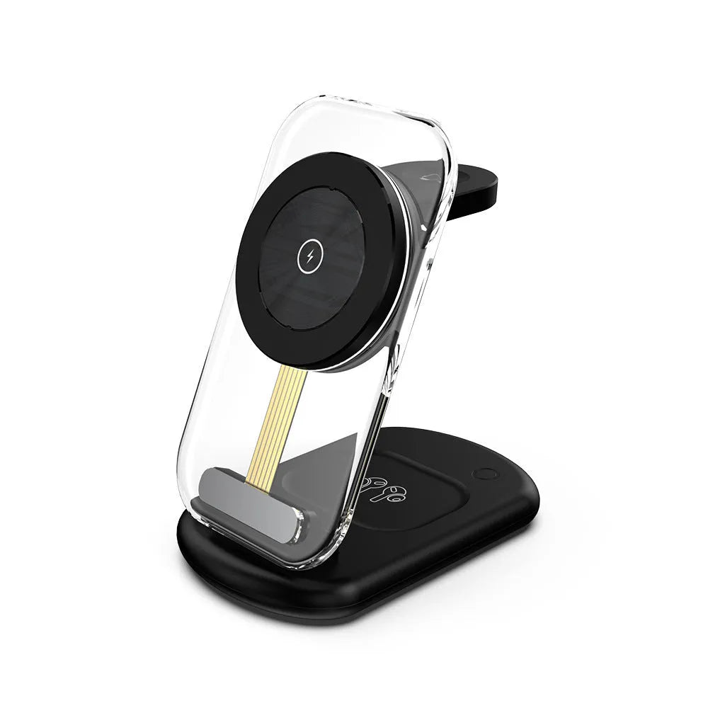 Transparent folding magnetic wireless charger in black colour showing three charging areas