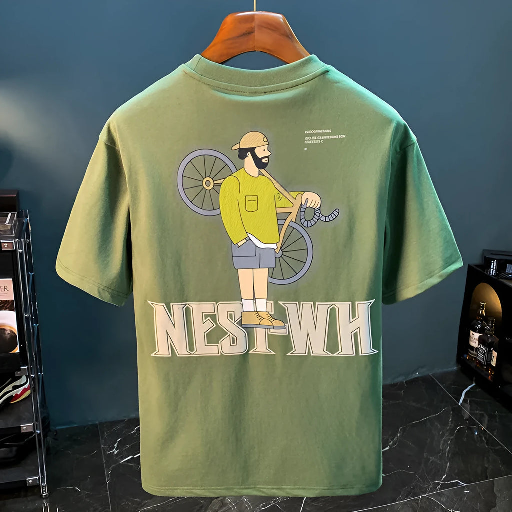 Green men's loose fit T-shirt with a printed literary youth design on the front.
