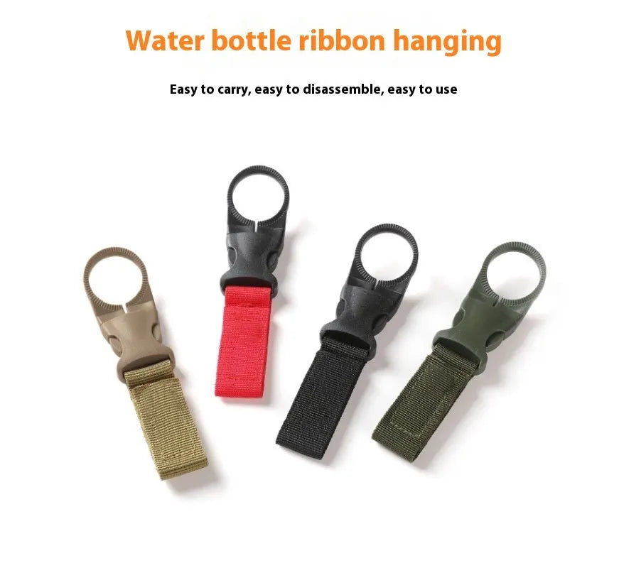 Nylon water bottle hanging buckle with webbing strap, 55g, in black, army green, khaki, or red