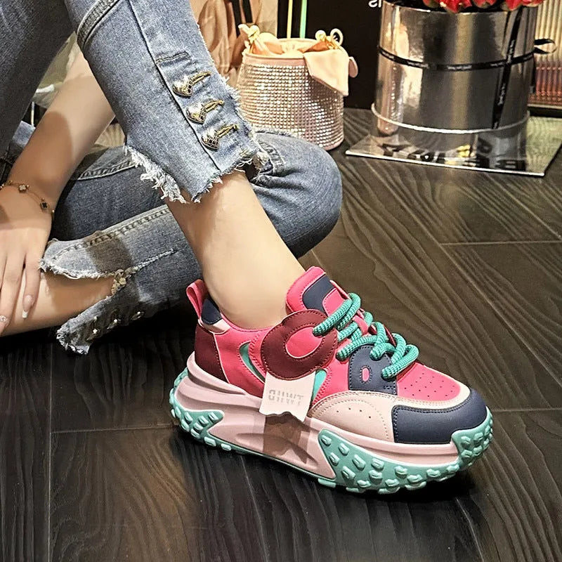 Leather sports casual shoes with thick wedge soles and round toe in multiple colour options