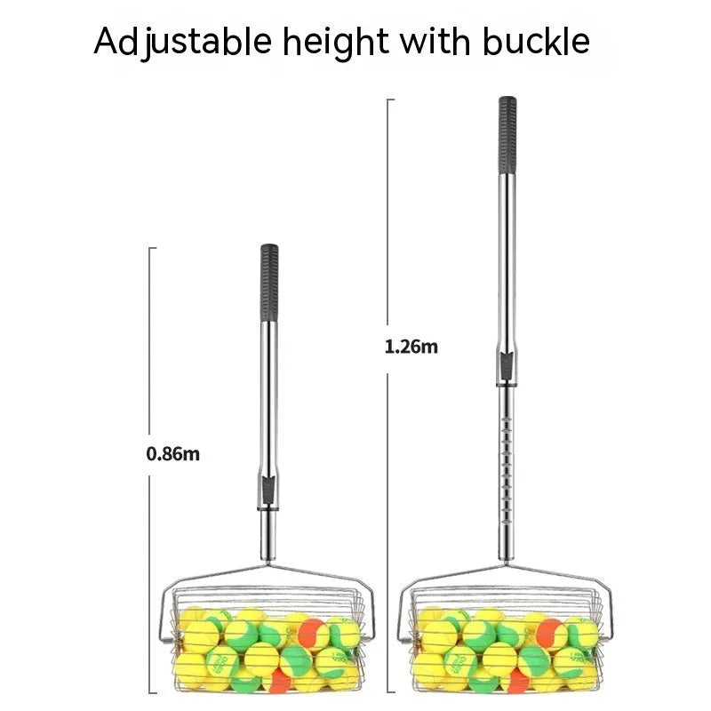 Stainless steel tennis ball picker with adjustable handle on a court.