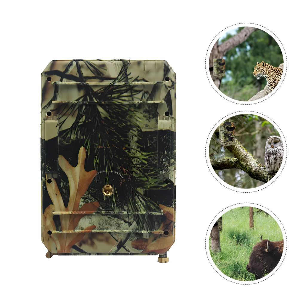 Yellow brown hunting game camera with infrared LEDs and wide-angle lens for outdoor monitoring