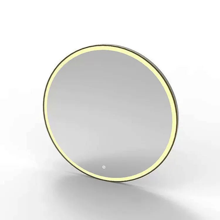 Round black aluminium frame smart bathroom mirror with dimmable LED lights on a wall.