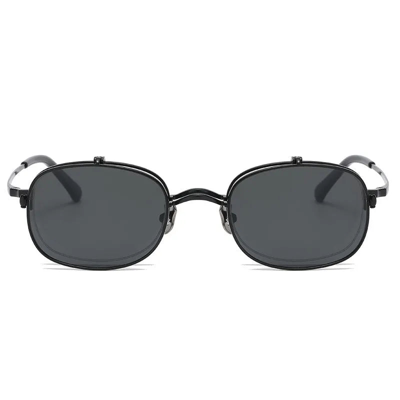 Men's flip-up polarized sunglasses with pure titanium frame in gold, silver, or bronze, black and grey AC lenses, retro box shape.