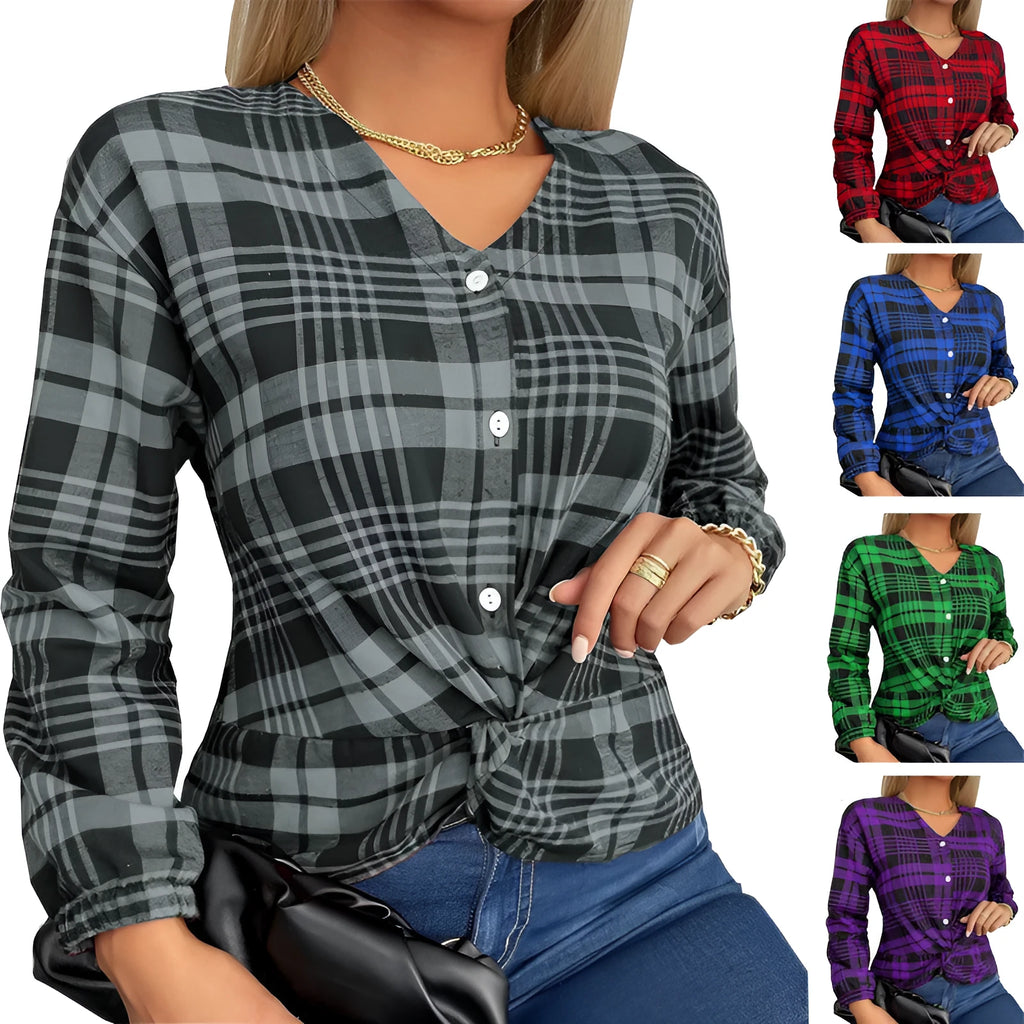 Women's purple, grey, and red plaid loose fit shirt with regular sleeves on a hanger.