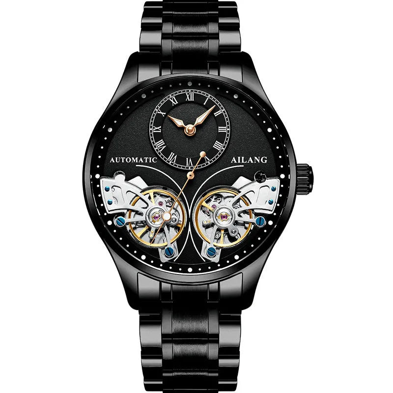 Automatic men's watch with tourbillon and moon phase on a black dial in a titanium case.