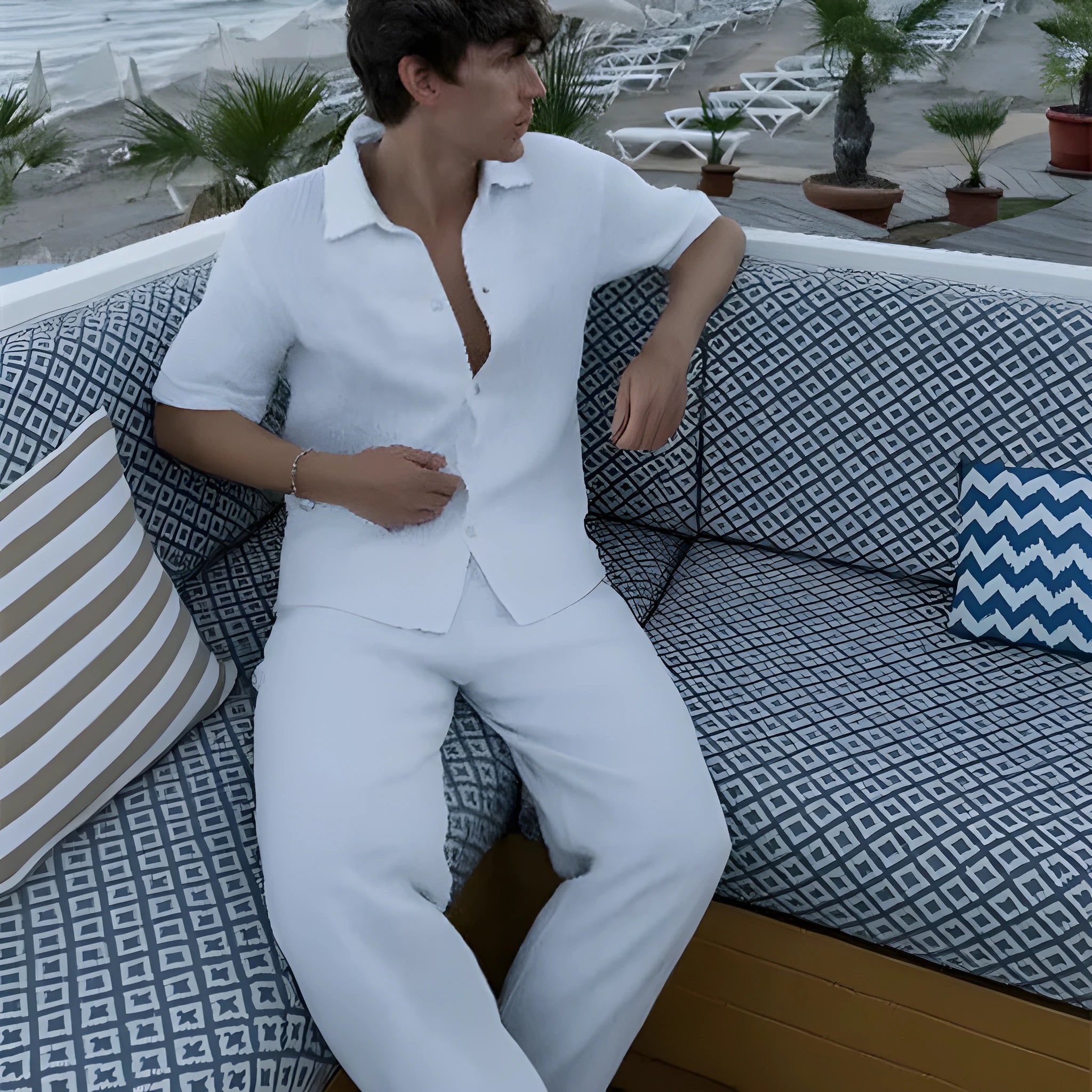 Printed polyester sweater jacket suit with 3D stereo pattern in street hipster style, showing zip-front top and trousers