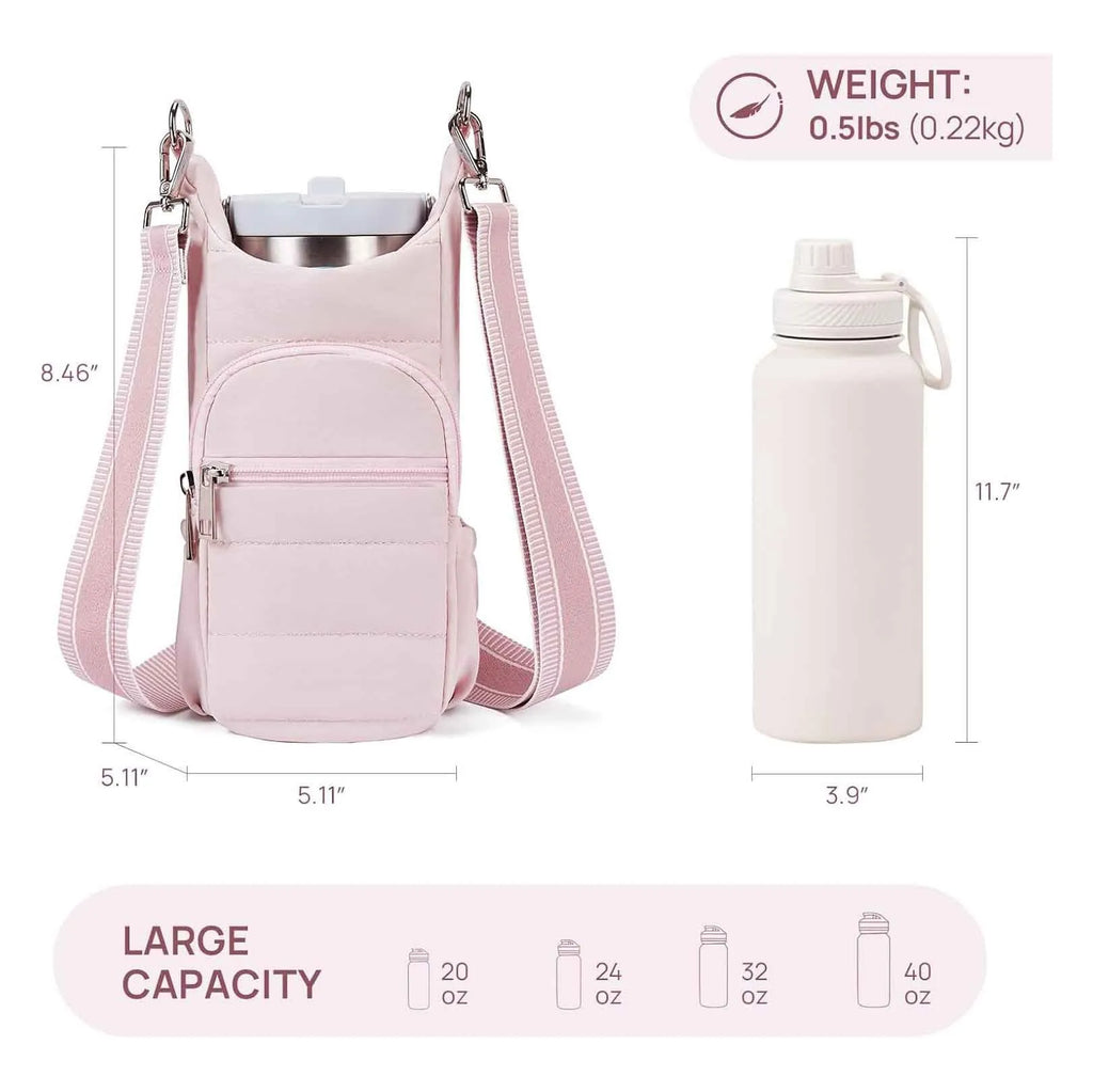 Cloth bicycle water bottle bag in black, pink or beige colour mounted on bike frame