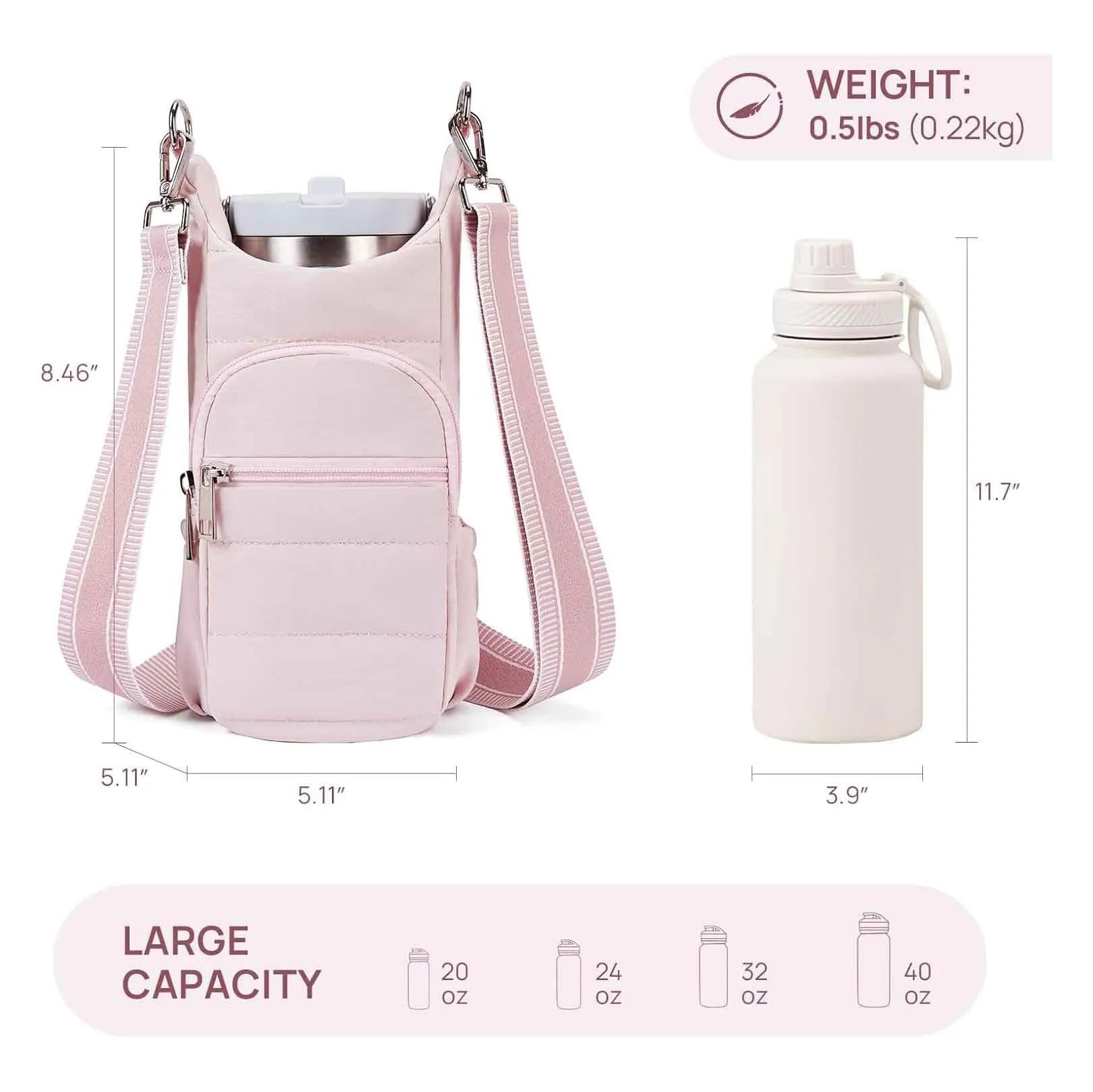 Cloth bicycle water bottle bag in black, pink or beige colour mounted on bike frame
