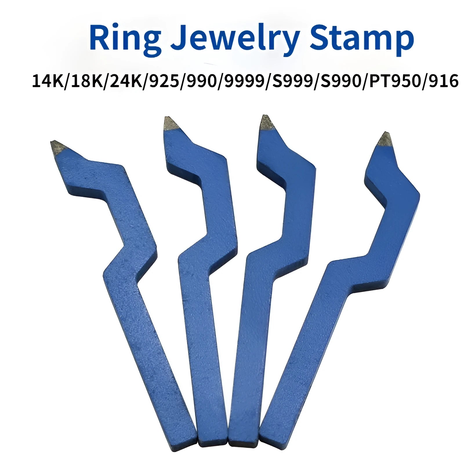 Curved alphanumeric steel stamping tool for jewellery on a metal surface.