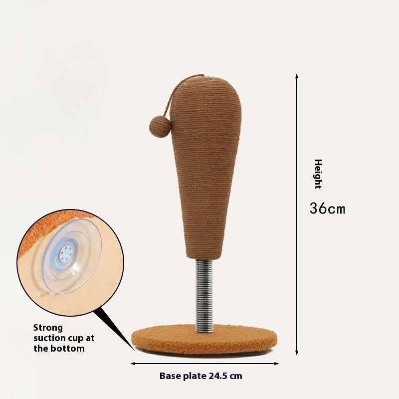 Hemp rope cat scratch board with interactive tumbler or grasping ball elements