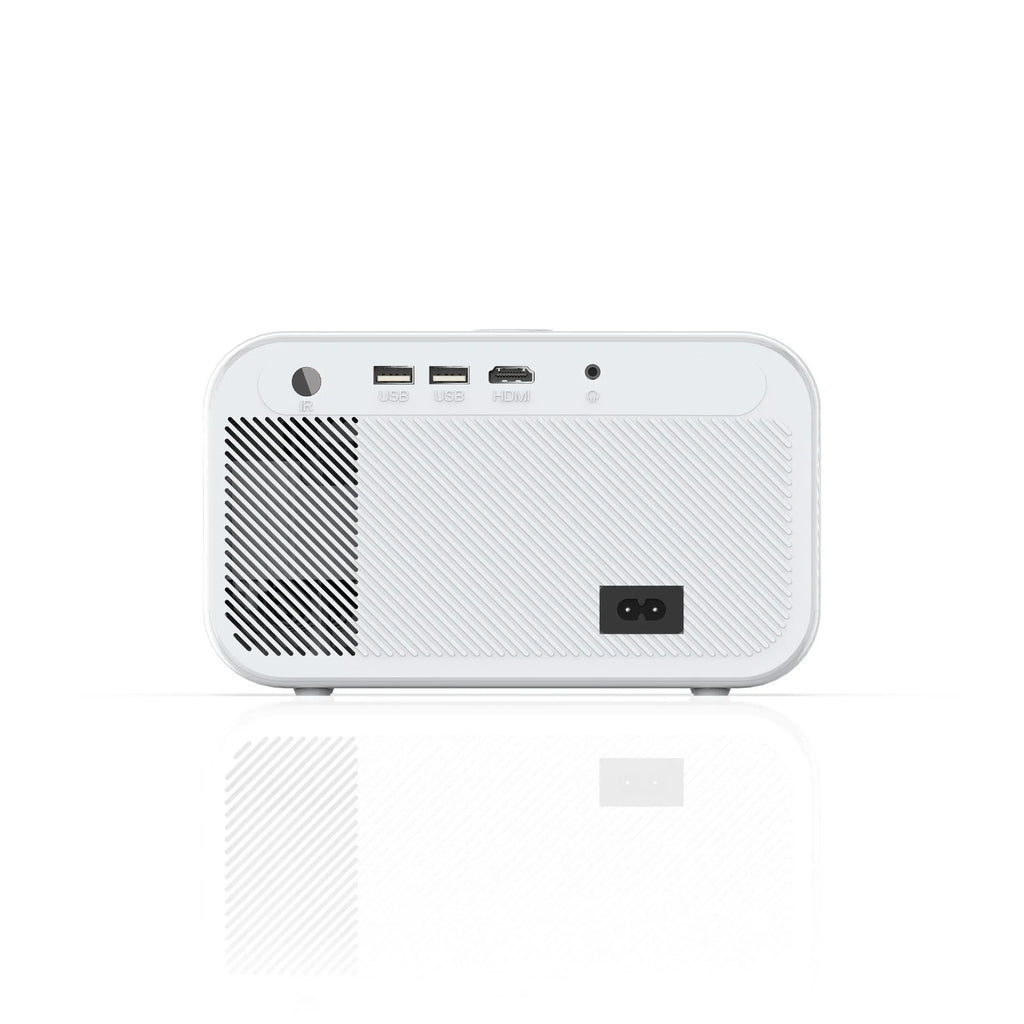 White home office HD projector with electric focus, 1080p resolution, 300 lumens on desk