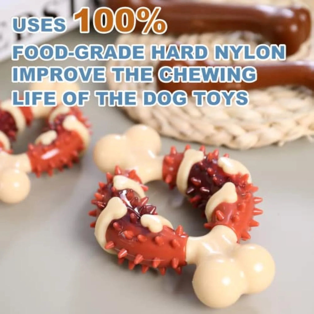 Natural rubber bone-shaped dog dental chew toy in two sizes for teeth cleaning and anxiety relief