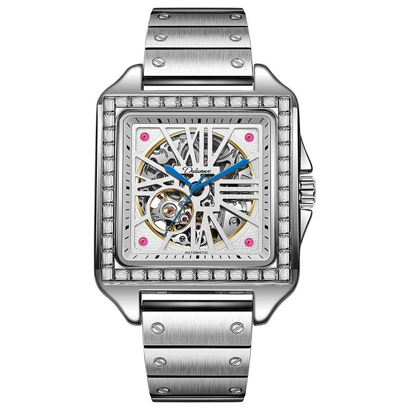 Men's square automatic watch with diamond detailing on steel belt
