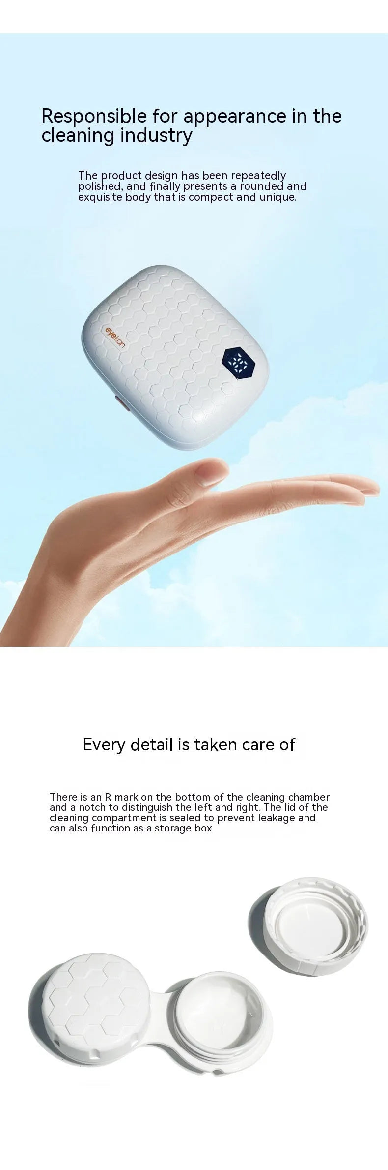 Pearl white automatic ultrasonic glasses cleaning machine for invisible eyewear, measuring 85x65x30mm