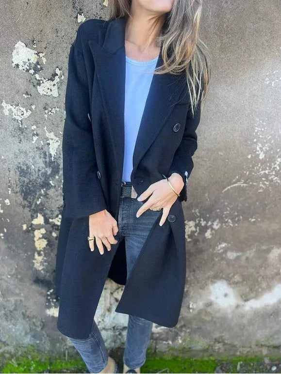 Women's mid-length double-breasted polyester casual jacket in solid colour with collar and long sleeves