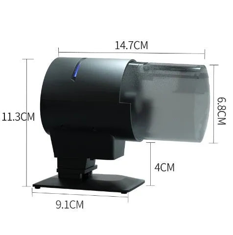 Black plastic automatic aquarium fish feeder with 210ml silo and timer control on tank rim