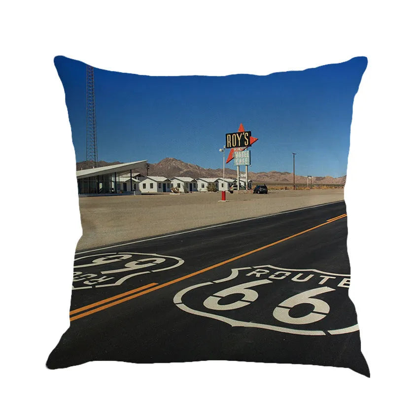 Route 66 landscape pattern on a square linen and cotton blend cushion cover, showing one of six available colours