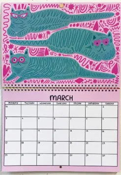 A4 paper wall calendar with cat-themed artwork for monthly planning, available for 2024 or 2025.