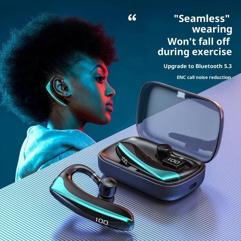 New digital display single-ear bone conduction wireless Bluetooth headset in high-gloss black with ear-hook design