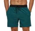 Men's blue athletic shorts with a drawstring waist, zipper pockets, and visible stitching detail.