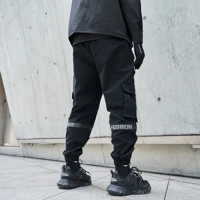 Men's loose plus size mechanical style cotton trousers in black, mid-waist, full length