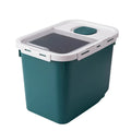 Green PP sealed pet food barrel with 12 litre capacity, dimensions 33x23x25cm