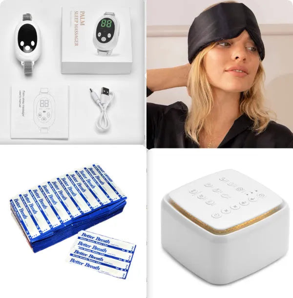 White handheld sleep aid device with sleep bracelet and charging cable showing 20 intensity settings