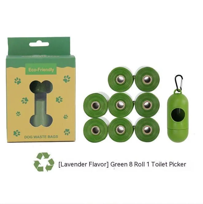 Boxed pet waste bag set with lavender scent, biodegradable, extra thick, and dispenser with metal carabiner