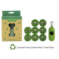 Boxed pet waste bag set with lavender scent, biodegradable, extra thick, and dispenser with metal carabiner