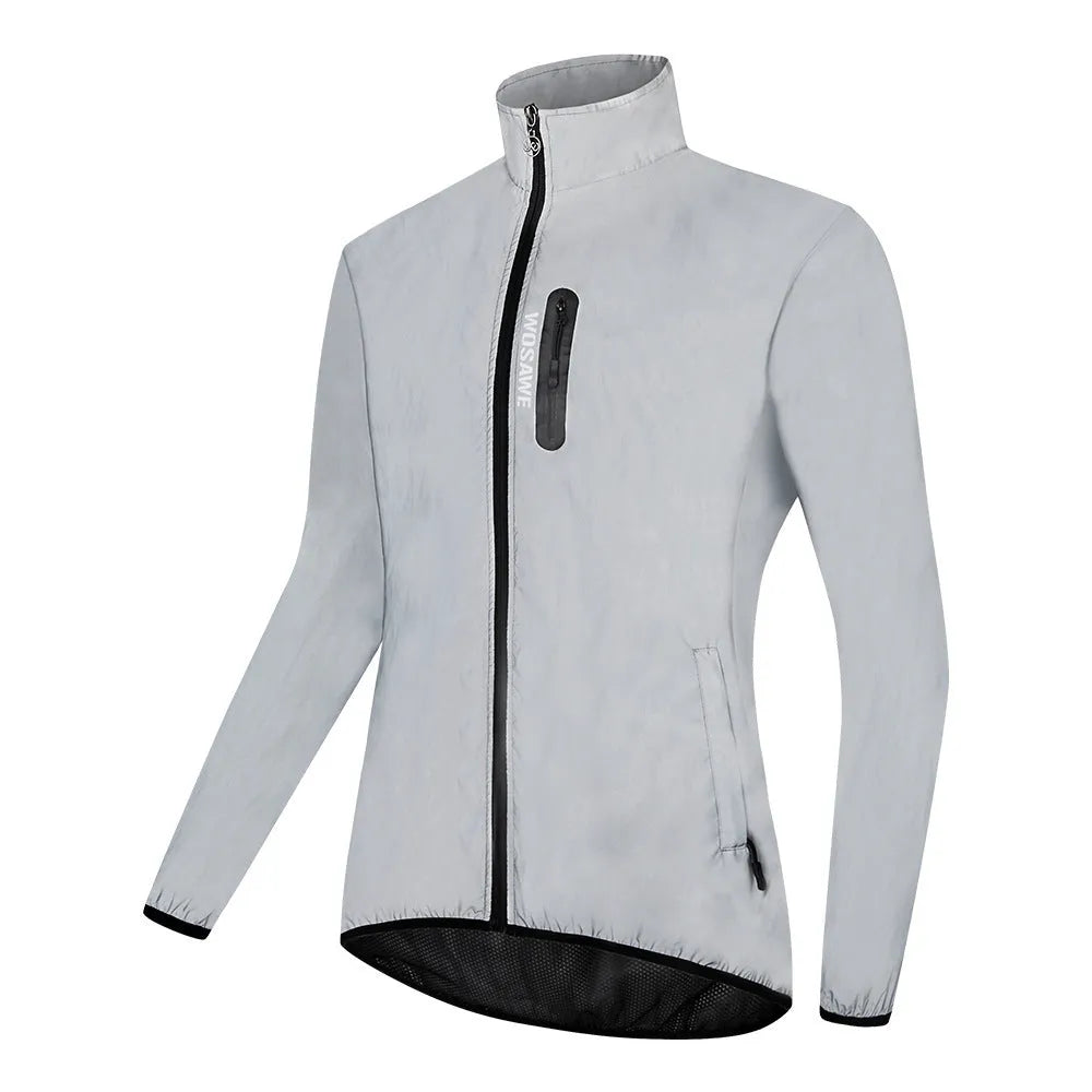 Waterproof polyester windproof long sleeve coat in silver, shown on a hanger.