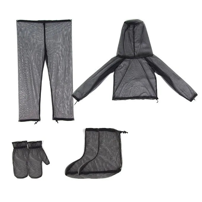 Four-piece mesh anti mosquito suit set with hooded top, trousers and booties for outdoor activities