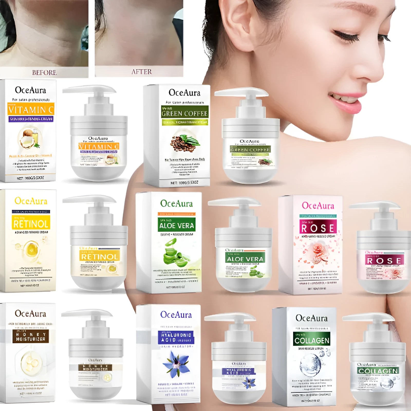 Body cream kit with seven variants aloe retinol collagen green coffee honey rose anti-wrinkle in white tubs on neutral background