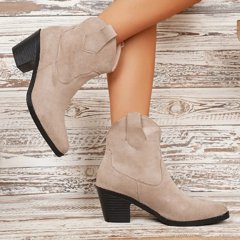 Women's suede ankle boots with a chunky heel and pointed toe in black