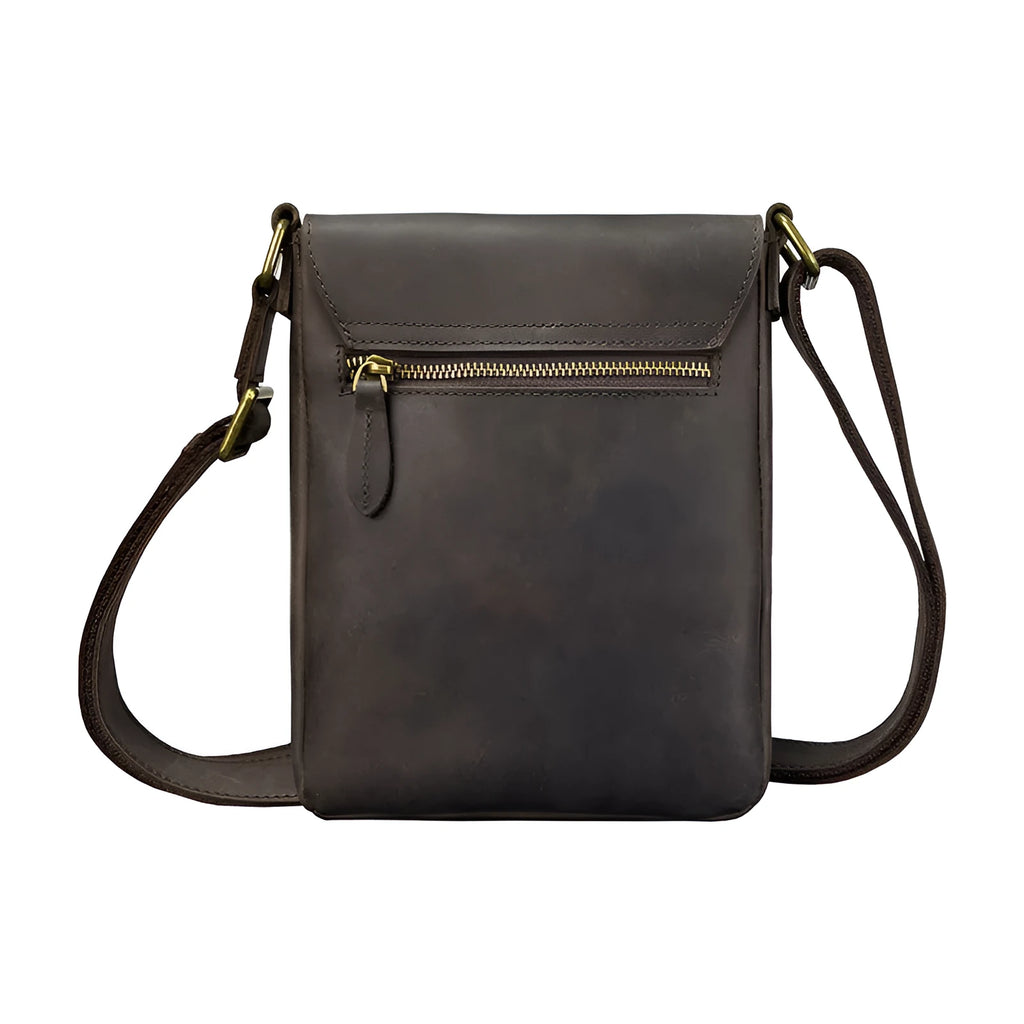 Men's brown Crazy Horse leather crossbody backpack on a plain background, showing retro design and iPad pocket