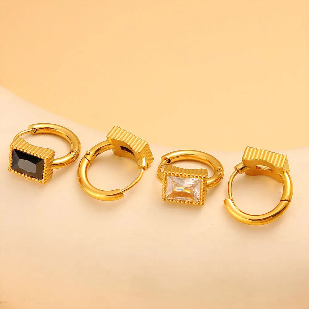 Square geometric stainless steel earrings with zircon cubic zirconia stones in white, black and green colours