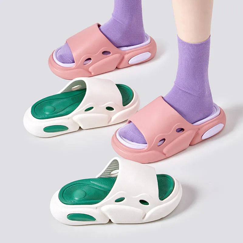 Women's and men's EVA thick-soled couple slippers in two-colour combinations with leather lining